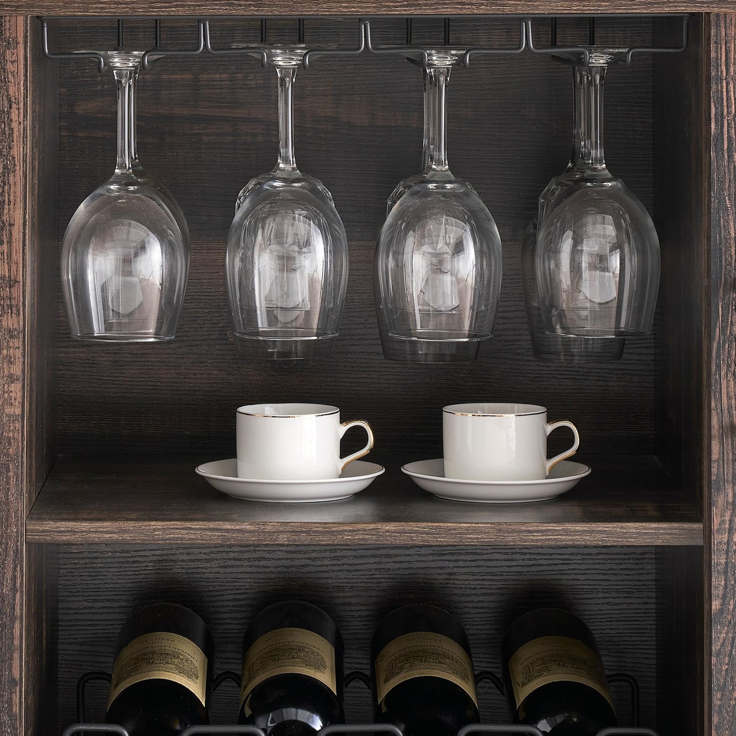 CABIHOME 47" Wine Bar Cabinet with LED Light, Farmhouse Industrial Wine Cabinet, Coffee Station with 2 Adjustable Shelves & Storage, Dining Room, Living Room, Home Bar Furniture, Oak
