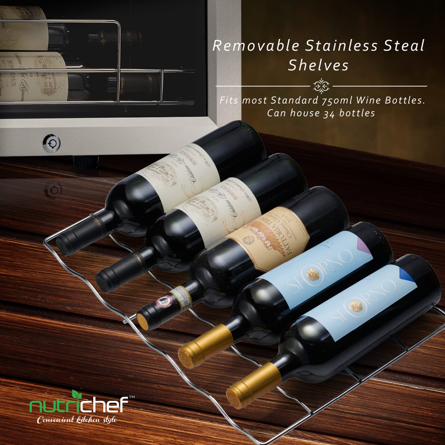 Nutrichef 34 Bottle Wine Fridge | Single Zone Wine Chiller for Chilled Wines | Adjustable Temperature 41F - 64 F | Ultra Quiet Operation | Wine Cooler for Home & Office | 33x19x17 IN | Stainless Steel