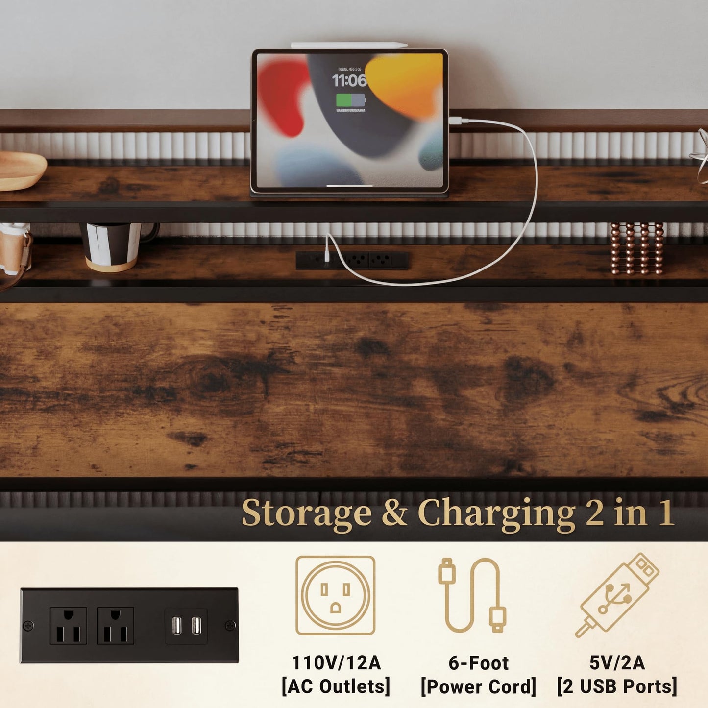 LIKIMIO King Size Bed Frame with Storage Headboard, Platform King Bed with 2 Drawers and Charging Station, Heavy-Duty Metal Slats, No Box Spring Needed, Easy Assembly, Retro Brown