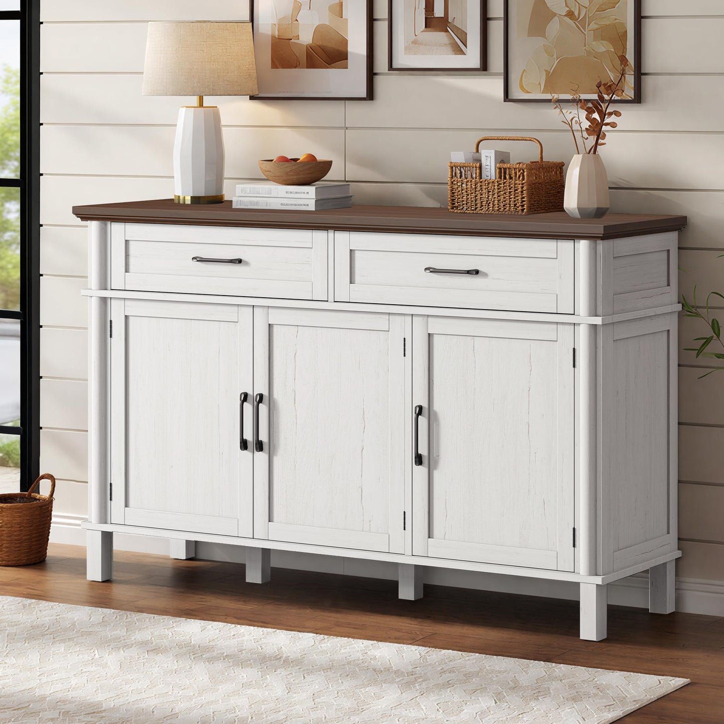 55 Inches Sideboard Buffet Cabinet with Storage, Farmhouse Sideboard Buffet w/2 Drawers and 3 Doors, Wood Kitchen Console Table with Adjustable Shelf, for Living Room, Hallway, Off White