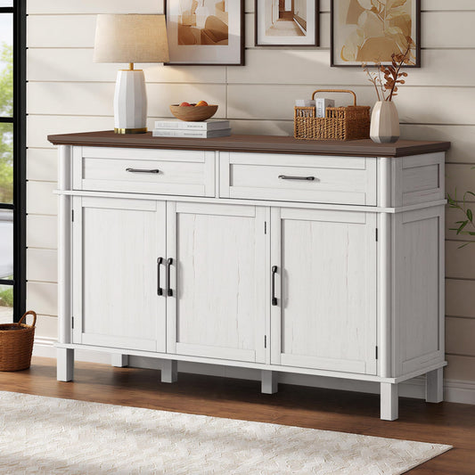 55 Inches Sideboard Buffet Cabinet with Storage, Farmhouse Sideboard Buffet w/2 Drawers and 3 Doors, Wood Kitchen Console Table with Adjustable Shelf, for Living Room, Hallway, Off White