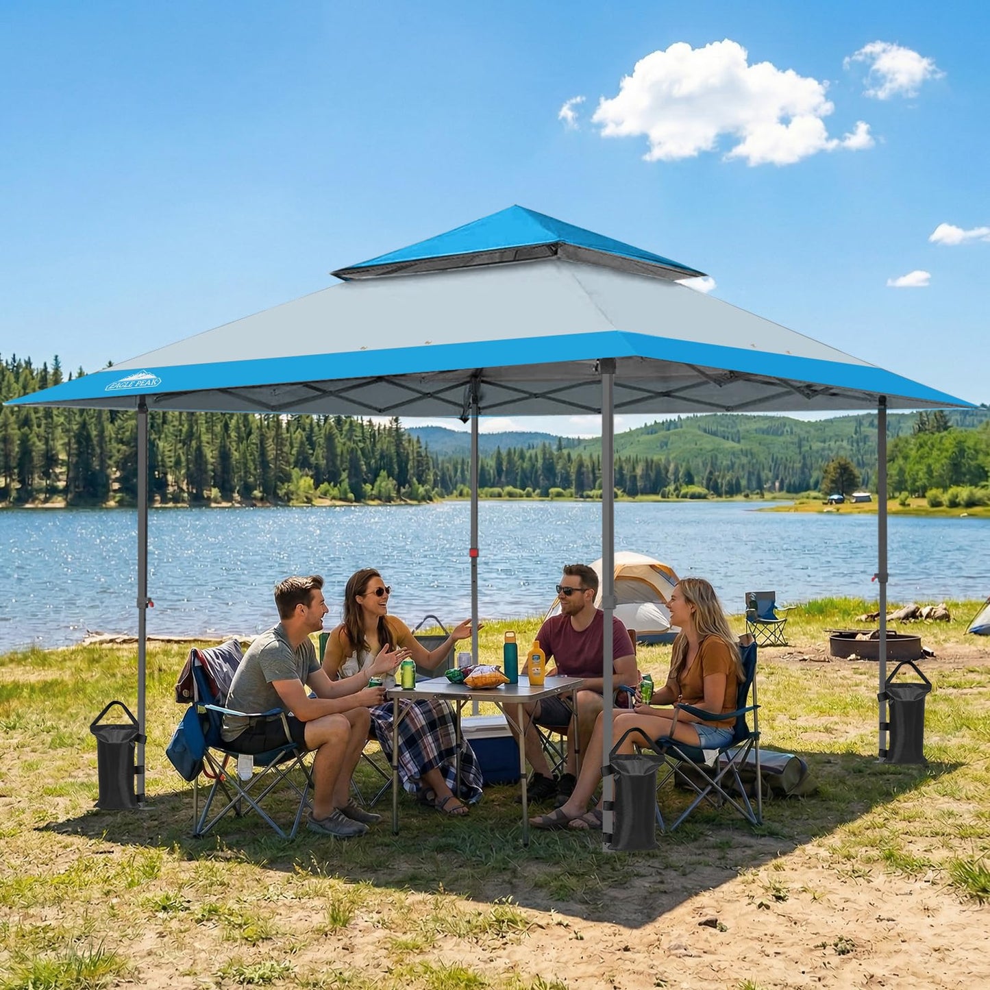 EAGLE PEAK 13x13 Straight Leg Pop Up Canopy Tent Instant Outdoor Canopy Easy Single Person Set up Folding Shelter w/Auto Extending Eaves 169 Square Feet of Shade (Light Blue)