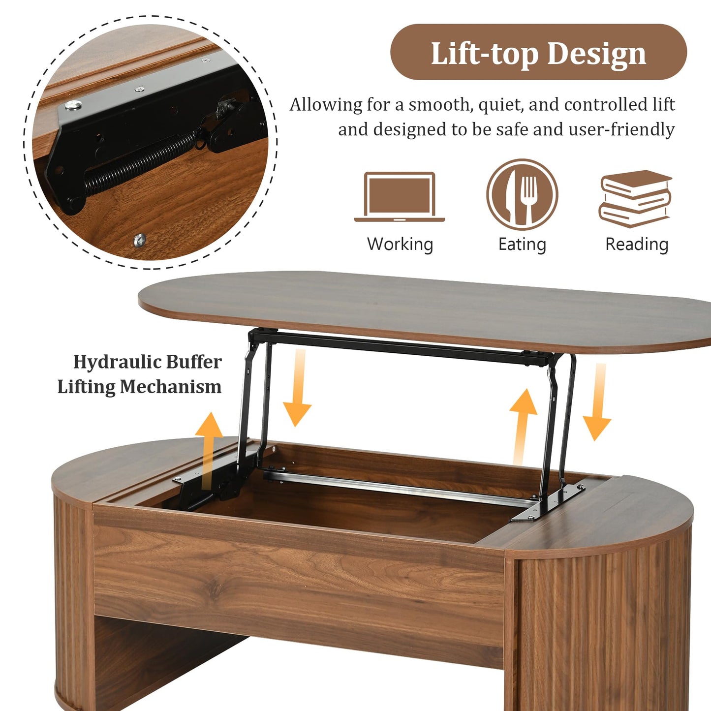 Merax 47.2'' Lift Top Oval Coffee Table with Hidden Storage Compartment, Modern Wooden Center Table with Oval Lift Tabletop for Home Living Room, Brown