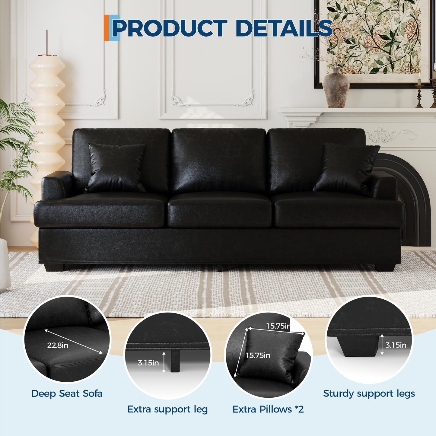 Garvee 86" Faux Leather Sofa, Modern Deep Seat Couch with 2 Throw Pillows, Upholstered Cushion & Removable Cover, Comfy Leather Couch for Small Space, Apartment, Living Room Lounge, Black