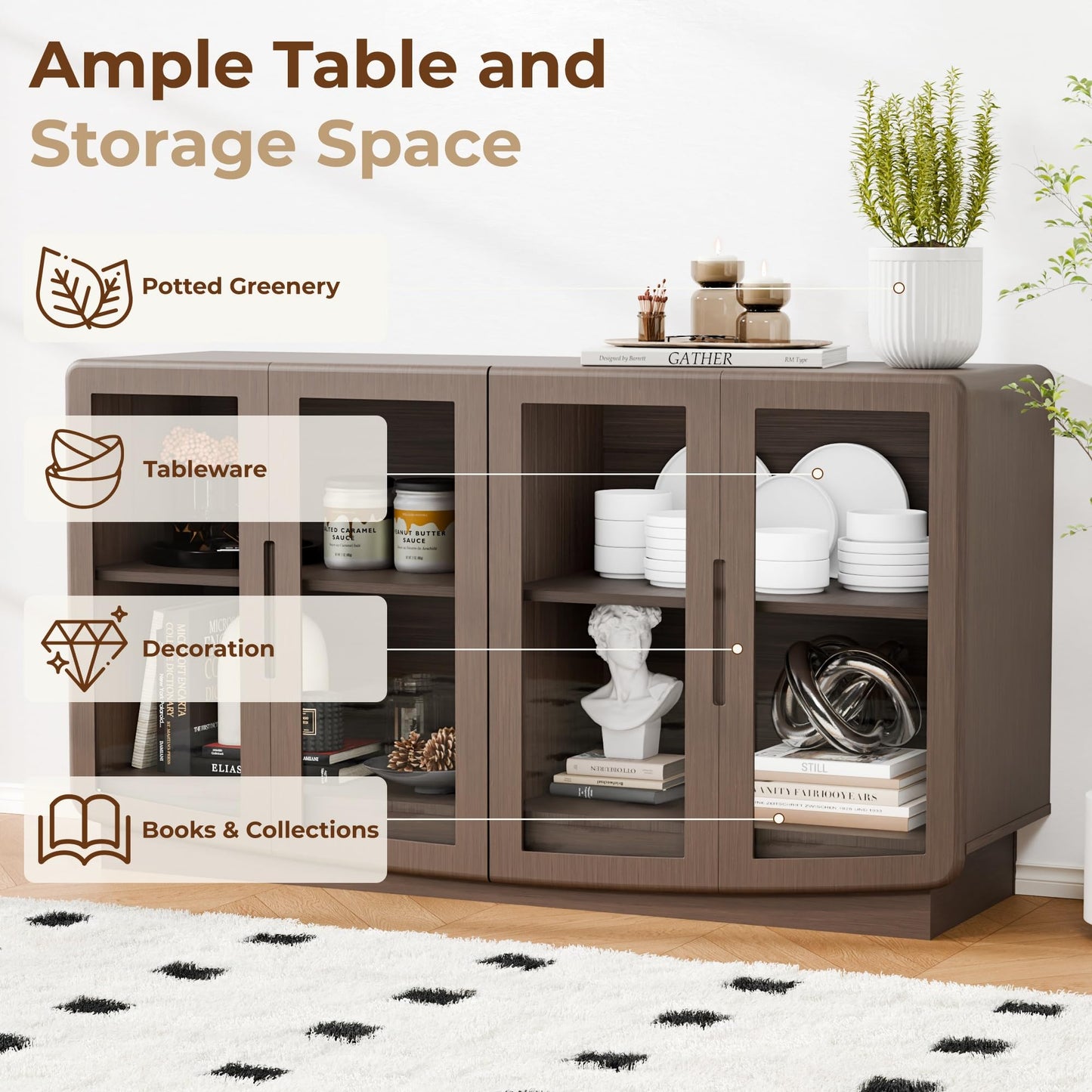 Trygoal 55" Walnut 4 Glass Door Sideboard Credenza, Modern Storage Buffet with Shelves, Multi-Use Coffee Bar Console for Kitchen Living Room Entryway