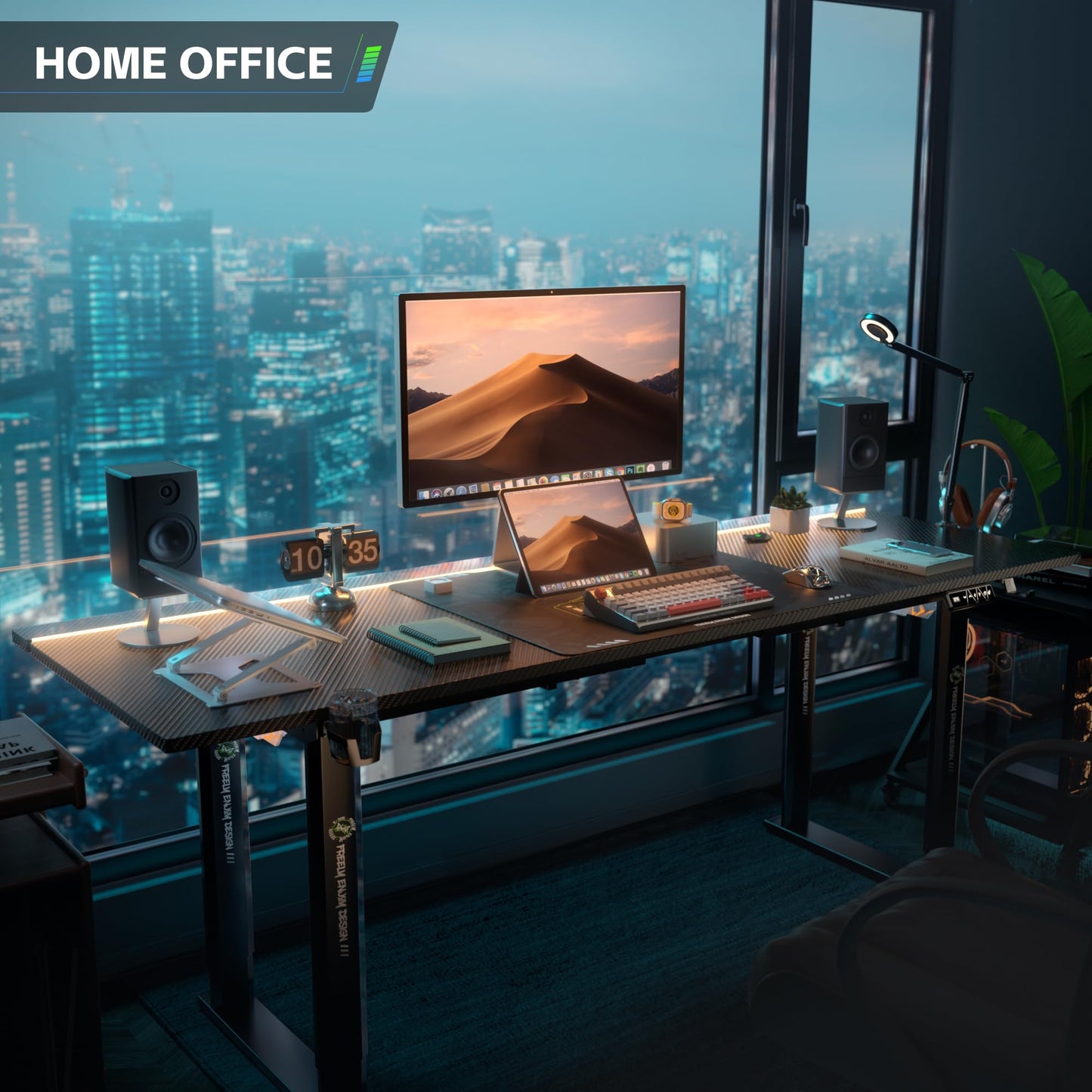 Klobel 71" Gaming Standing Desk for Gamers & Streamers, 4-Leg Electric Sit Stand Desk with LED Lights, Flip-Top Cable Management, Stable Computer Desk with Wheels