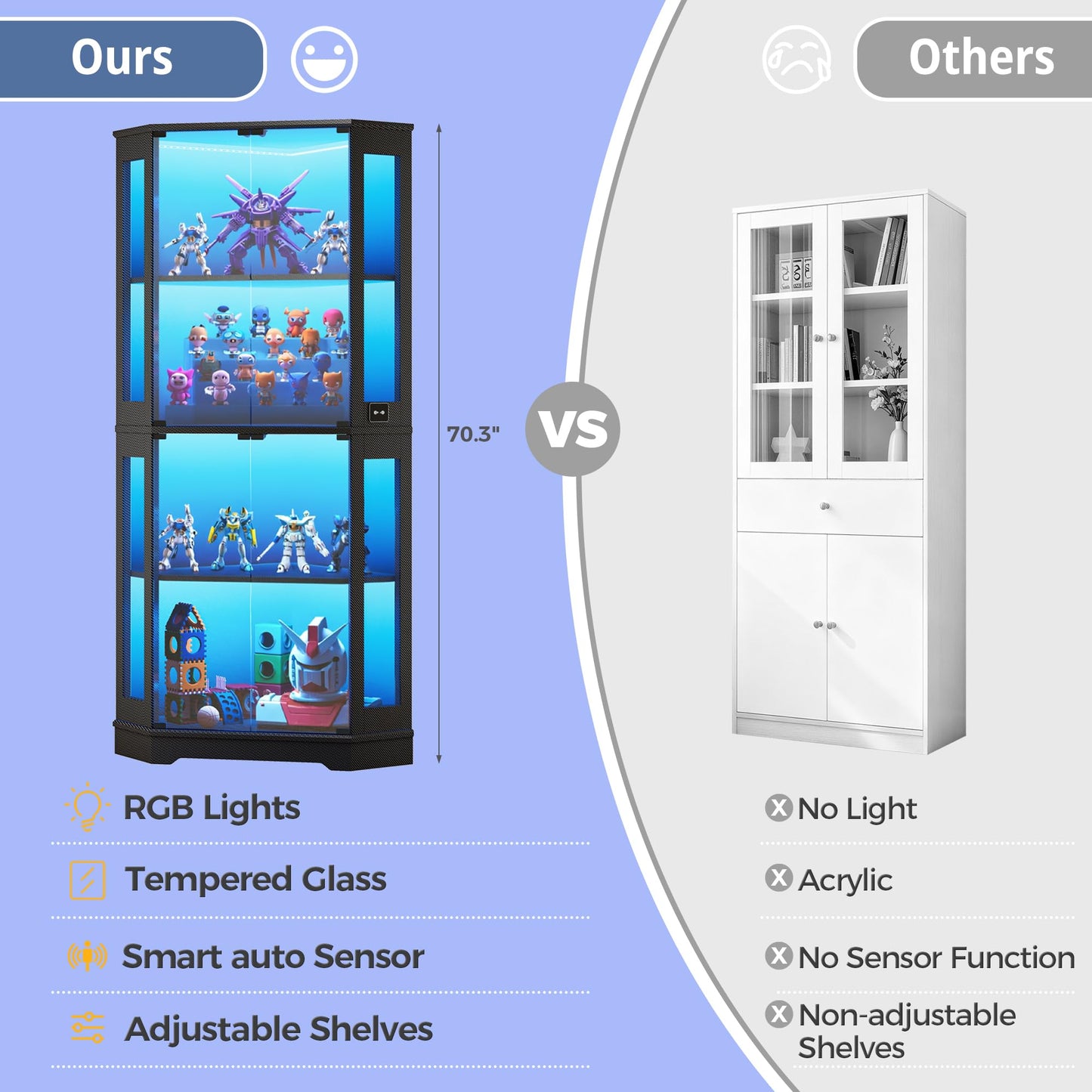 IRONCK 71" Carbon Fiber Corner Glass Display Cabinet, RGB LED Lights with Remote & APP Control, Human Body Sensor, 4-Tier Tempered Glass Display Case with 2 Adjustable Shelves for Collectibles, Black