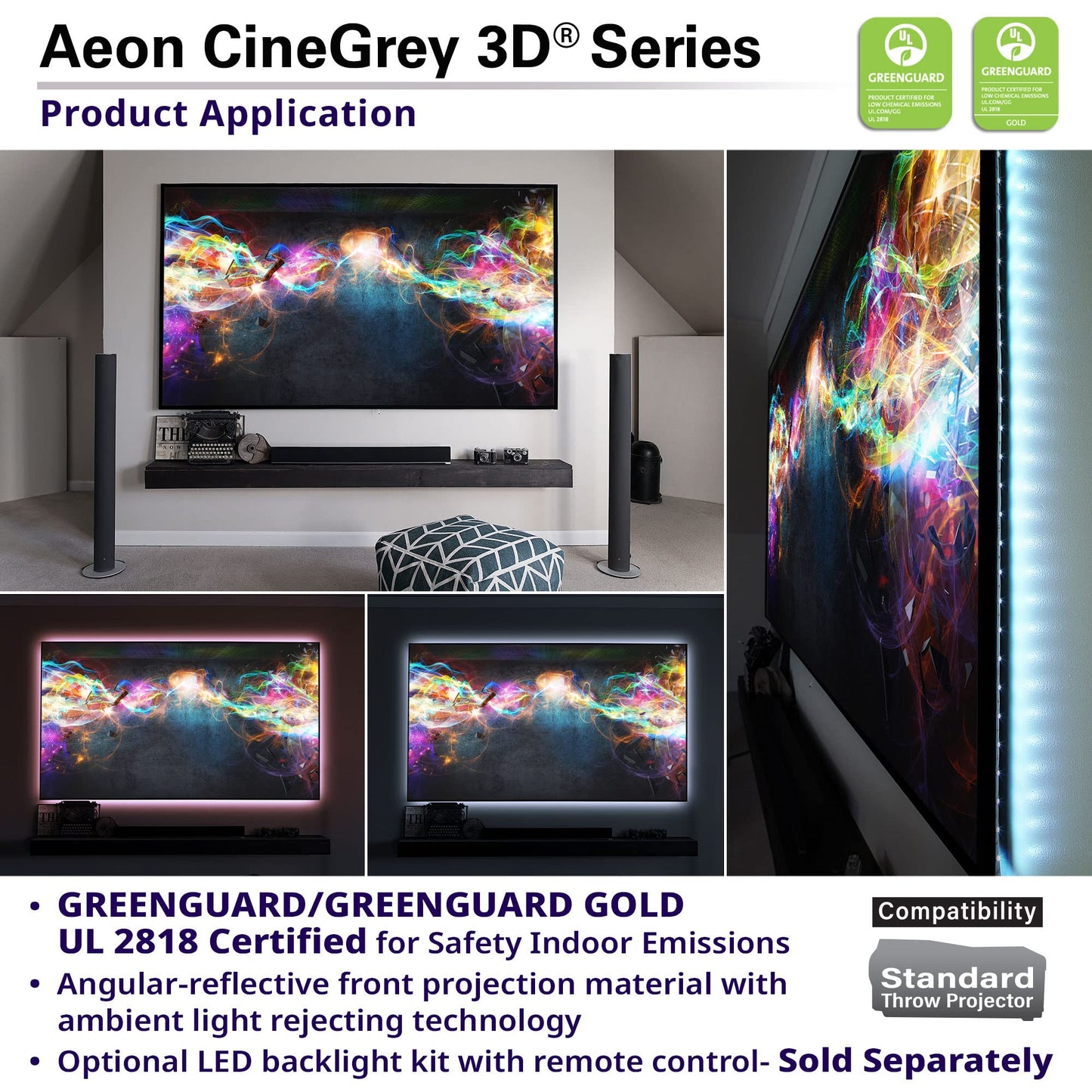Elite Screens 158 inch CLR/ALR Projector Screen 16:9 4K, Standard Throw Projection, Edge Free Ambient Light Rejecting Grey for Indoor Movie Screen Home Theater - Aeon CineGrey 3D- AR158DHD3
