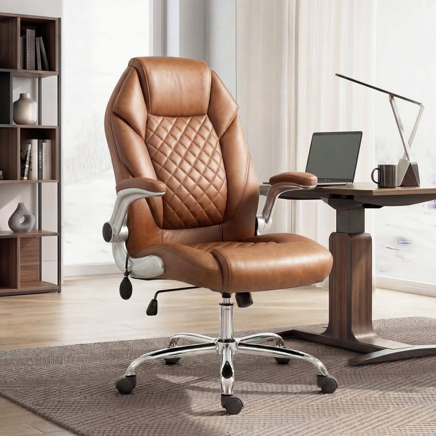 NEO Chair Executive Office Chair High Back Ergonomic Computer Desk Chair with Adjustable Lumbar Support Padded FILP-up Arms PU Leather Comfy Task Tilt Swivel for Home (Brown)