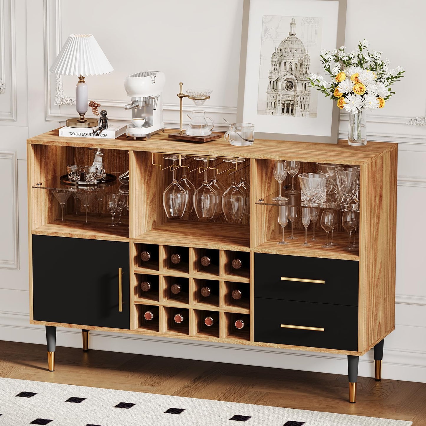 47 Inch Bar Cabinet with LED Lights & Charging Station, Modern Sideboard Buffet Cabinet with Storage Drawers, Wine Rack & Doors, Coffee Bar Table for Living Room, Dining Room, Home- Wood & Black