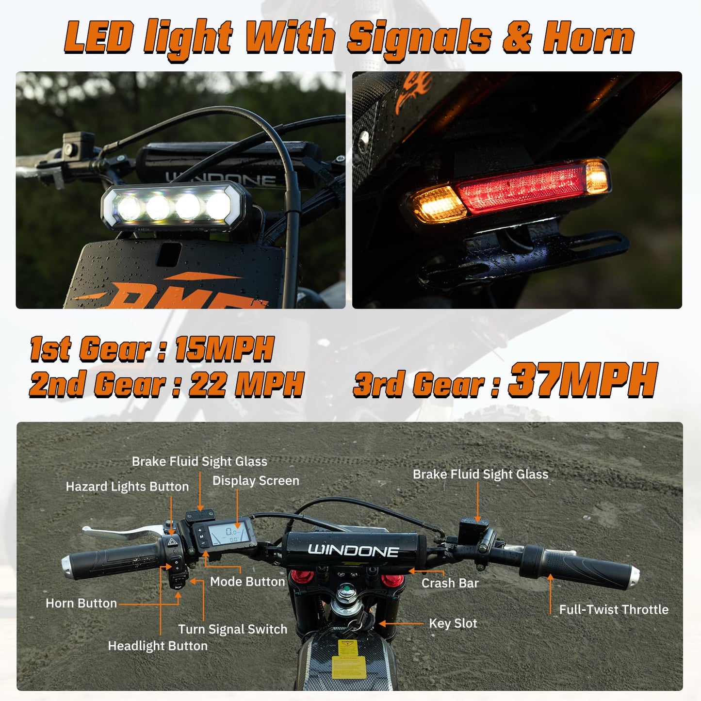 WindoneRide RM7 Electric Dirt Bike for Adults & Teens, 2200W Peak Ebike, 48V 22.5Ah, 37 MPH, 45 Miles, 14"/12" Tire Off-Road Electric Motorcycle, Dual Hydraulic Brakes, Fit Age 13+,Signature Orange