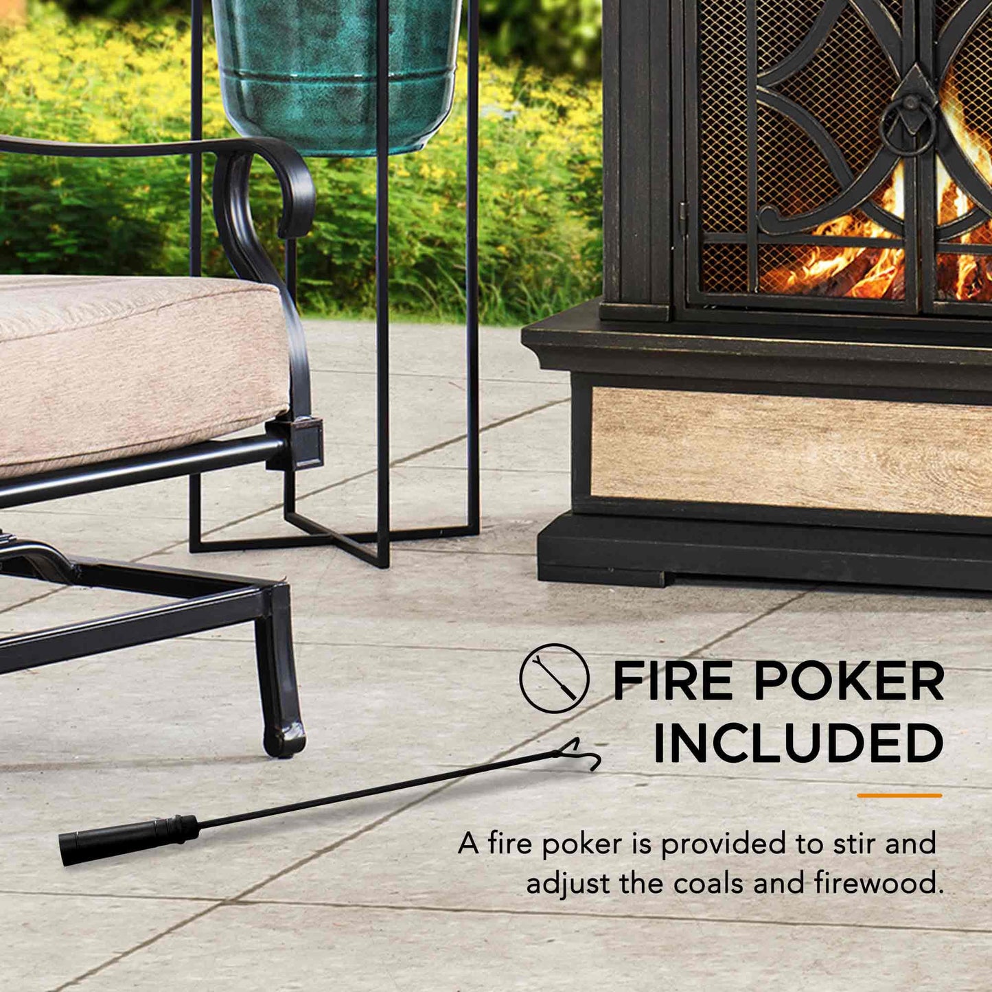 Sunjoy Outdoor Fireplace, Stone Look Tile Patio Wood Burning Steel Fireplace with Chimney, Spark Screen, Fire Poker, Rain Cover, and Removable Grate, Black with Golden Highlight