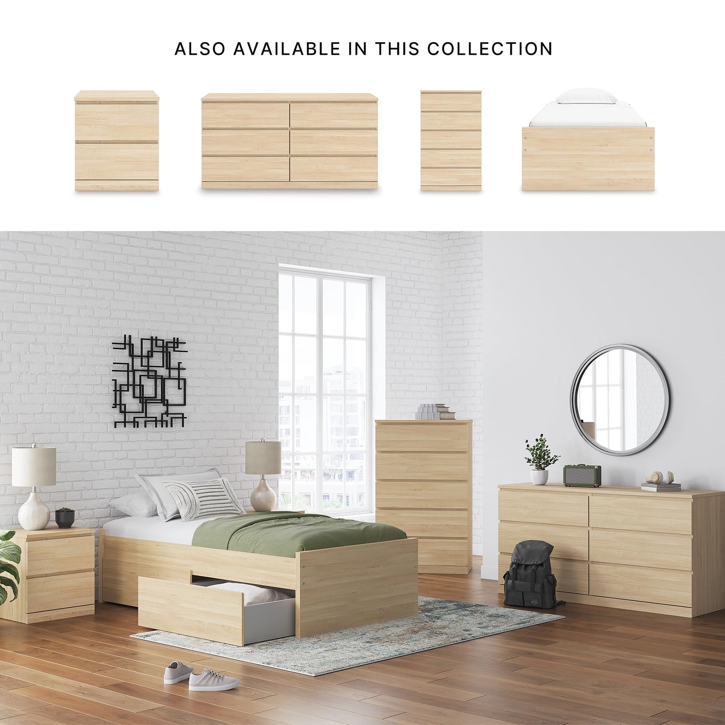 Signature Design by Ashley Onita Scandinavian 2-Drawer Twin Platform Bed with 1 Side Storage, Foundation or Box Spring Not Needed, Light Brown