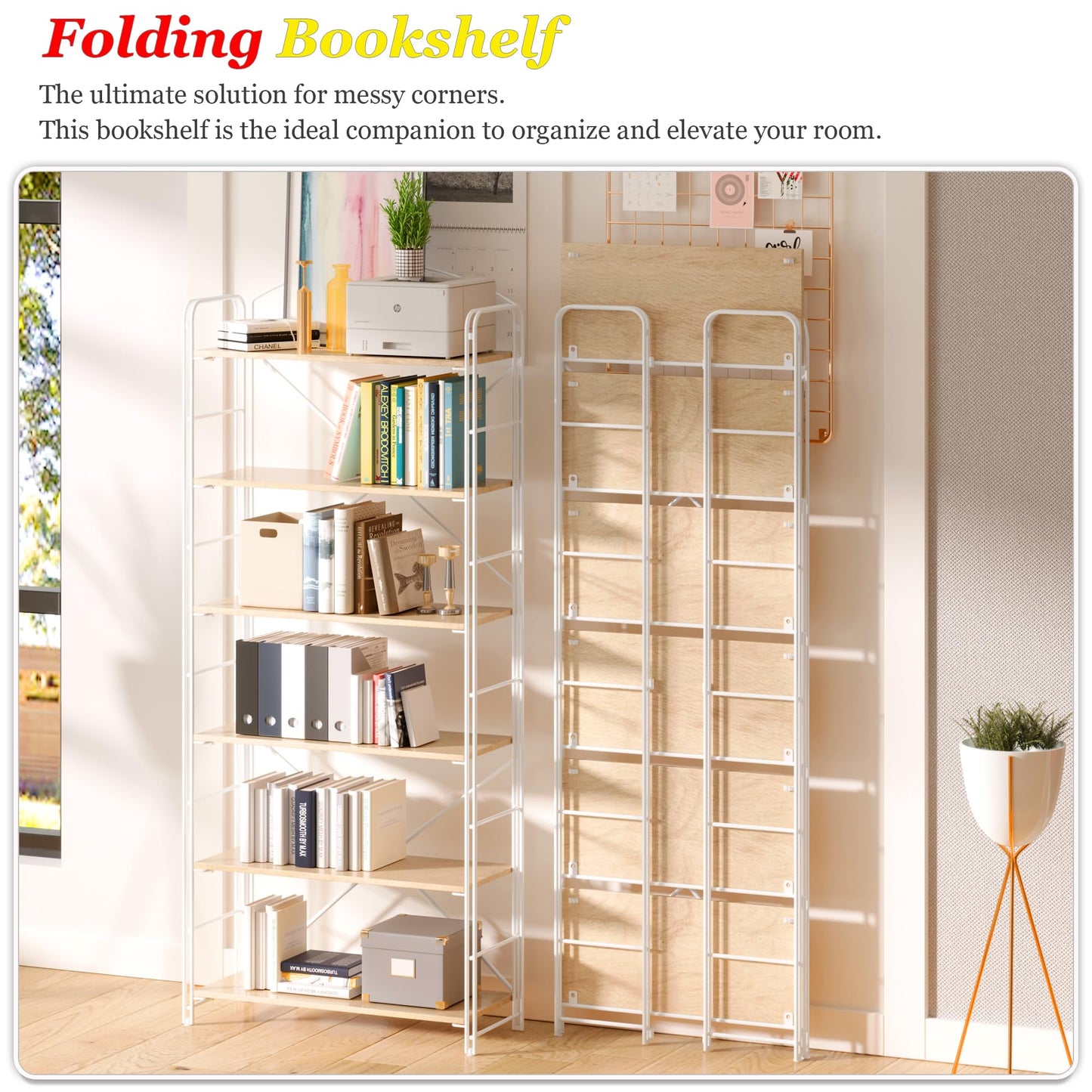 UDD Folding Bookshelf No Assembly, 65" H x 23.7" W, 6 Shelf Foldable Bookcase Industrial Collapsible Bookshelves, Open Storage Book Shelves for Small Spaces Home Office Living Room, Light Oak White