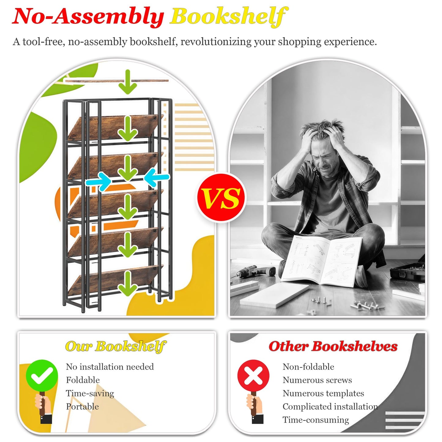 UDD 6 Tier Wide Folding Bookshelf No Tools Assembly, 55.5" H x 30.9" W, Foldable Book Shelf Vintage Collapsible Bookcase, Industrial Storage Shelves for Bedroom Office Living Room, Rustic Brown Black