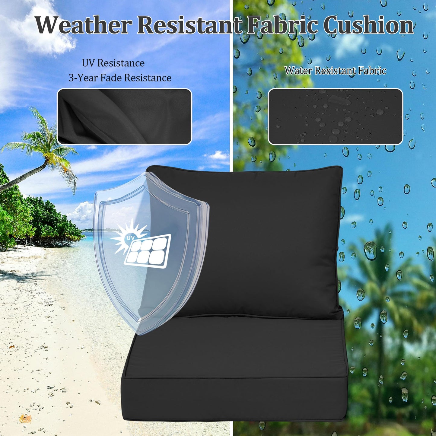 PZDJUMO Outdoor Chair Cushion, 19 x 19 Inch Waterproof Deep Seat Patio Cushions Set of 4, Loveseat Cushions for Outdoor Furniture, 4'' Thick Patio Furniture Cushion with Handle Straps, Black