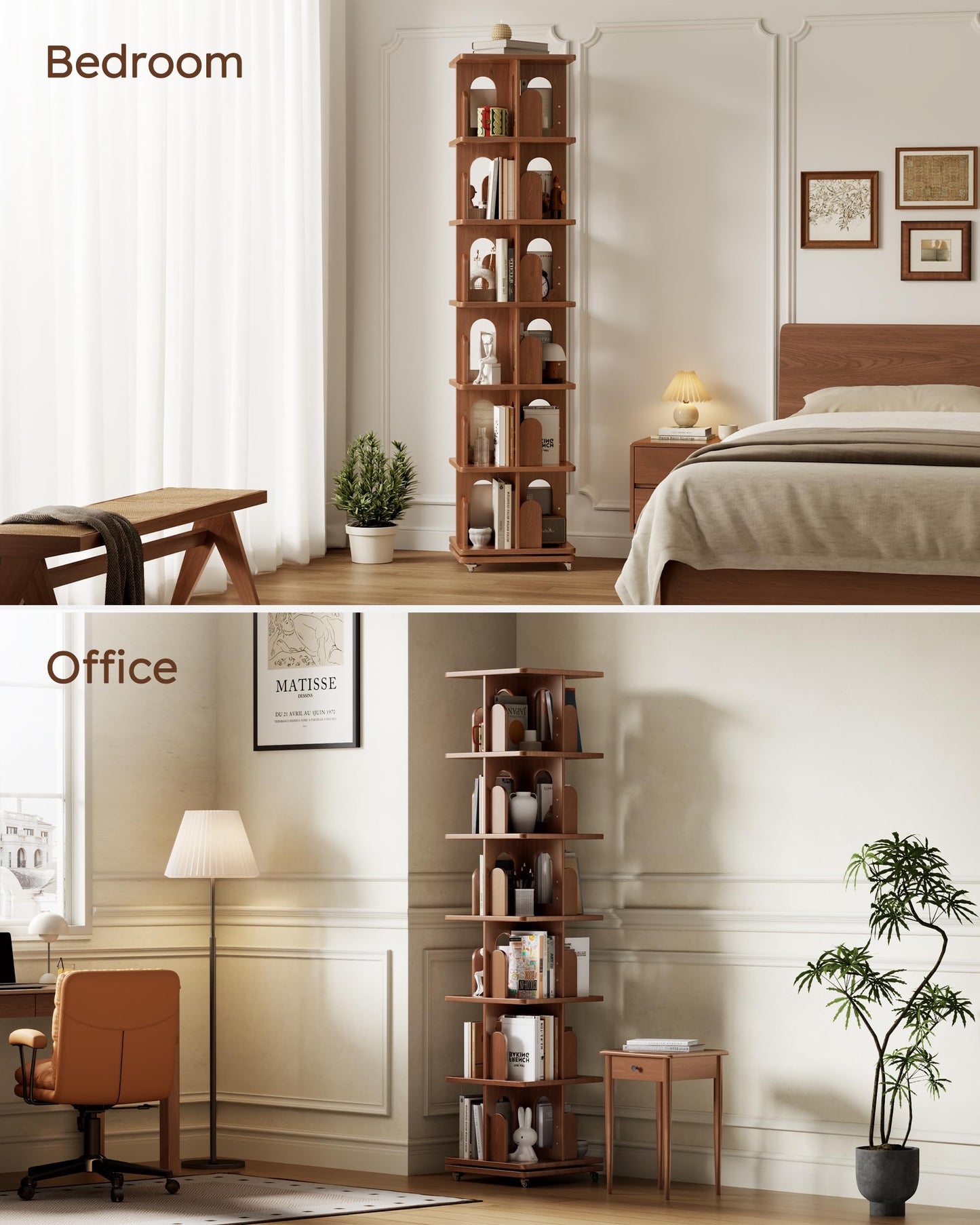 DONGMUWUJEE Solid Wood Rotating Bookshelf Tower with Book Ends, 6 Tier Corner Book Shelf with Wheels, Spinning Bookshelf Kids, Revolving Bookcase Shelf, Tall Narrow Book Case for Small Spaces, Walnut