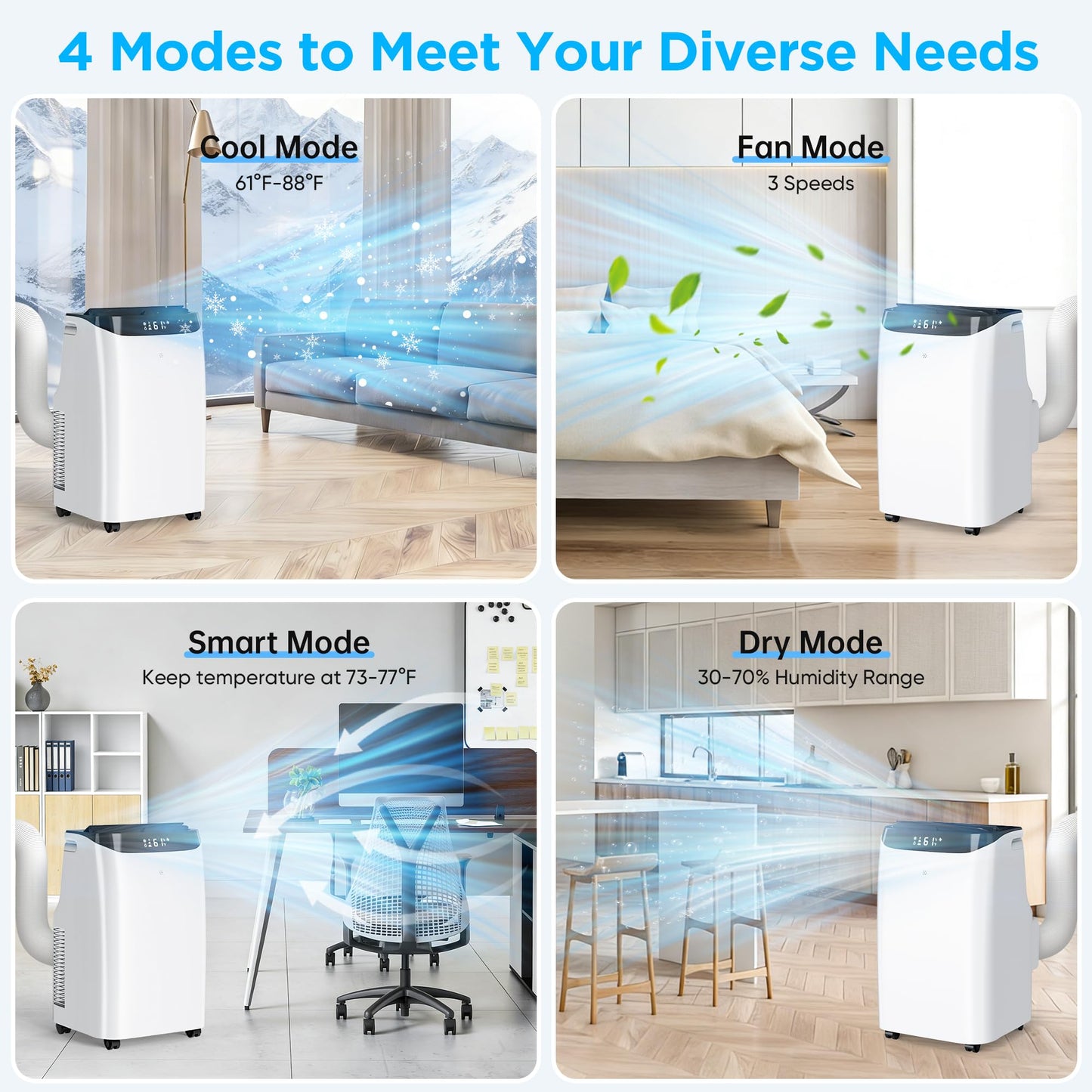 12,000 BTU Portable Air Conditioner Cools Up to 500 Sq.Ft, 3-IN-1 Energy Efficient Portable AC Unit with Remote Control & Installation Kits for Large Room, Campervan, Office, Temporary Space