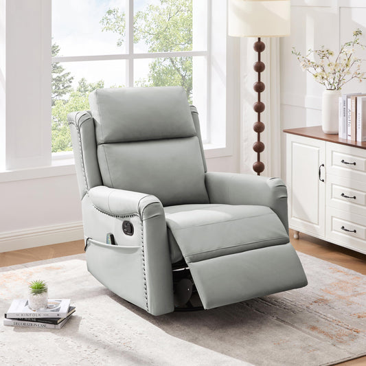 Merax Modern Manual Recliner Chair with Massage & Heat, 270° Swivel Rocking Chair, PU Leather Upholstered Home Theater Recliner with Storage Pocket, Adjustable Backrest for Living Room, Grey