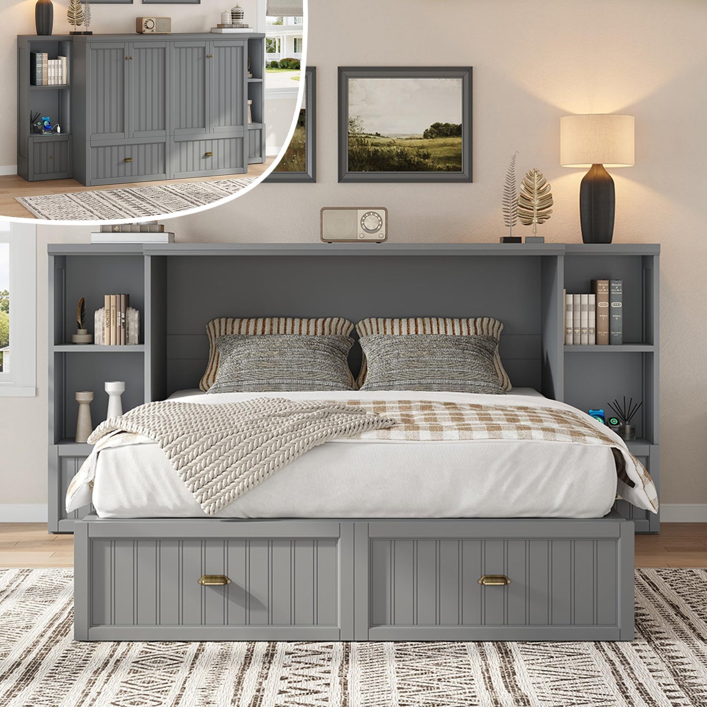AMERLIFE Full Size Murphy Bed with Bedside Tables, Foldable Cabinet with 3 Storage Drawers & Charging Station, Farmhouse Hideaway Bed for Bedroom/Office/Guest Room, Grey