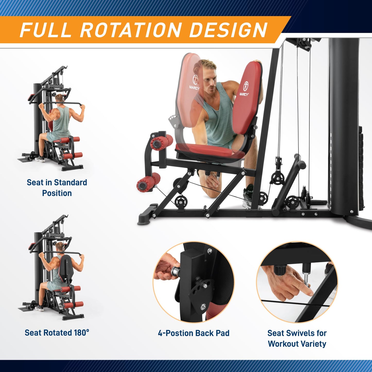 Marcy All-in-One Home Gym System with Tri-Action Press Arms, Adjustable Leg Press, and Full-Swivel Seat for Total Body Strength Training – Compact Multi-Station Workout Equipment MWM-0623