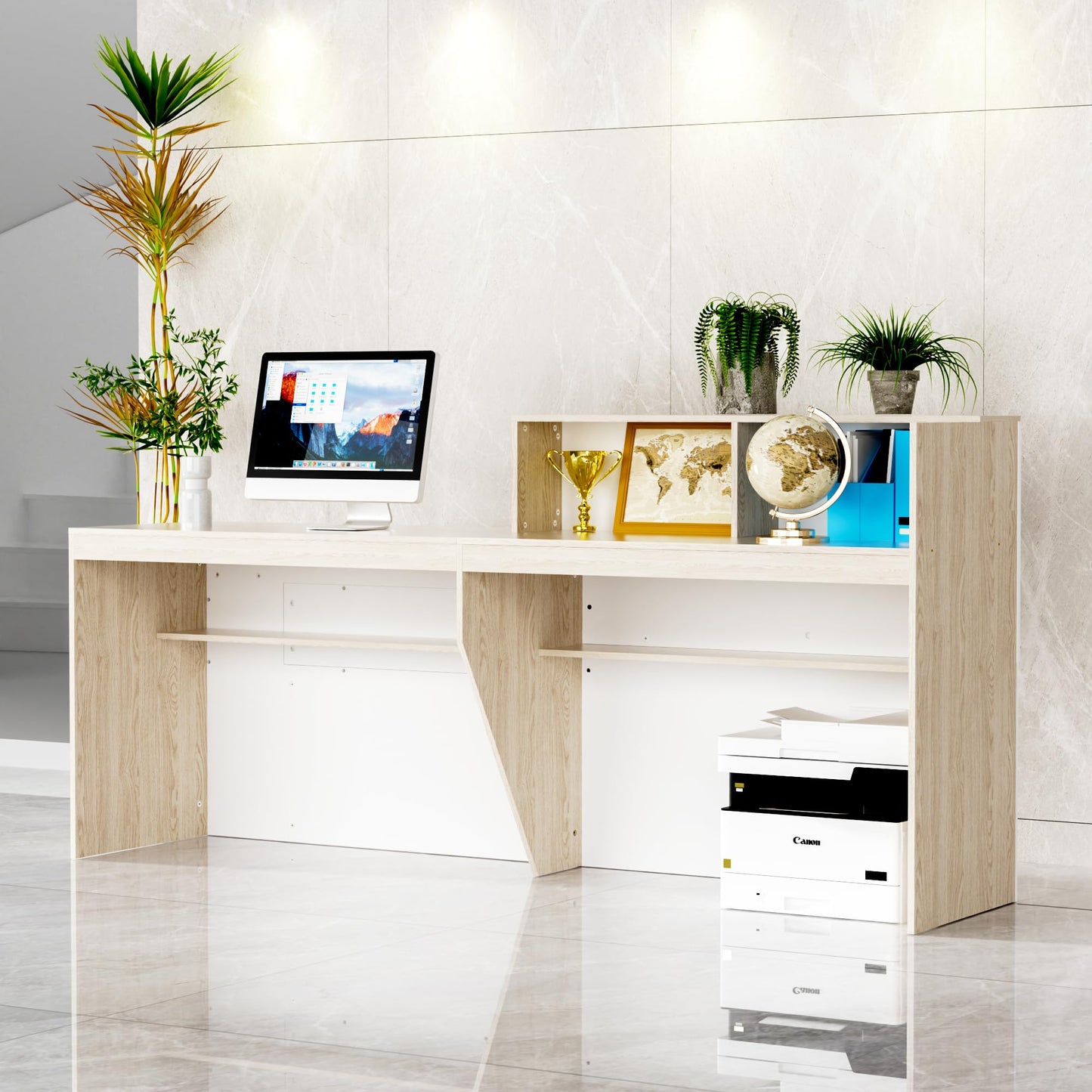 85.8 inches Reception Desk with Counter Modern Front Table Checkout Counter Table Retail Counter for Reception Room,Salon,Office,Store,Shop,Clinic,Lobbies,Retail,Home,White