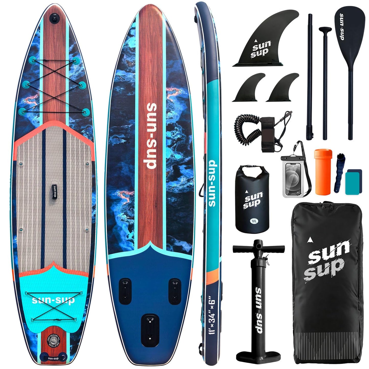 SUN-SUP 11ft Inflatable Stand Up Paddle Board for Adults, All-Around Board with Stable Non-Slip Deck, Ideal for Fishing, Surfing & Water Sports