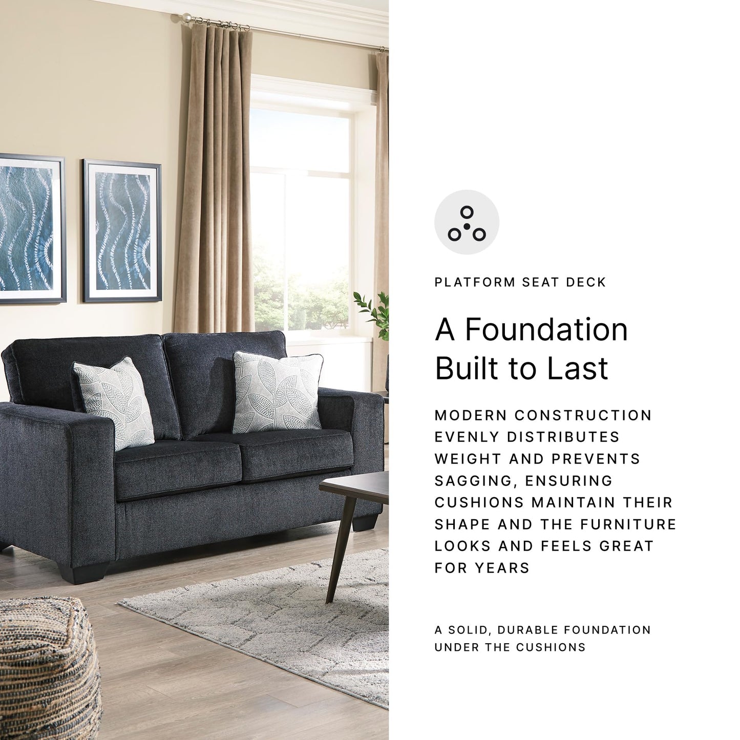 Signature Design by Ashley Altari Modern Loveseat with 2 Accent Pillows, Dark Gray