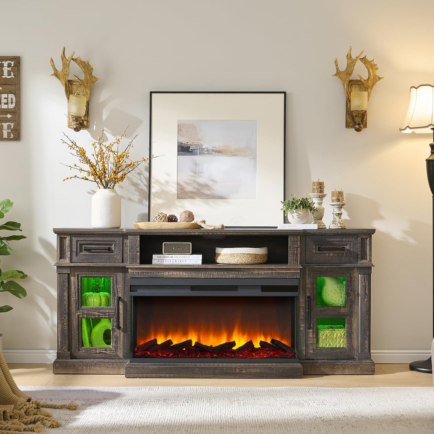 Unineo 3-Side Fireplace TV Stand for up to 80 Inch TV, LED Entertainment Center with 36 Inch Electric Fireplace, Farmhouse TV Console Table w/Drawers & Cabinets for Living Room, Dark Rustic Oak