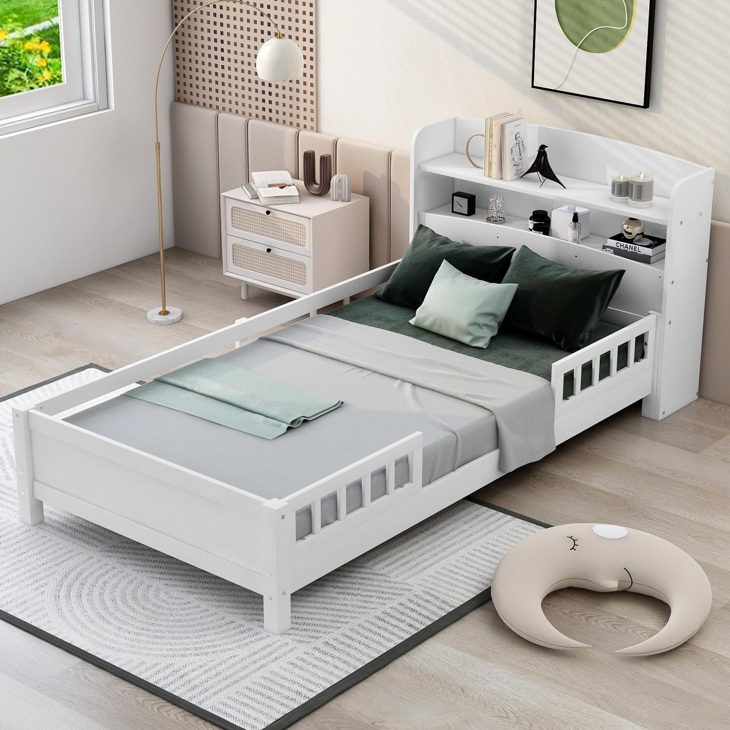 Merax Twin Bed Frame, Solid Wood Twin Size Platform Bed with Storage Headboard, Built-in Light and Safety Guardrail, Montessori Inspired Bed, No Box Spring Needed, White