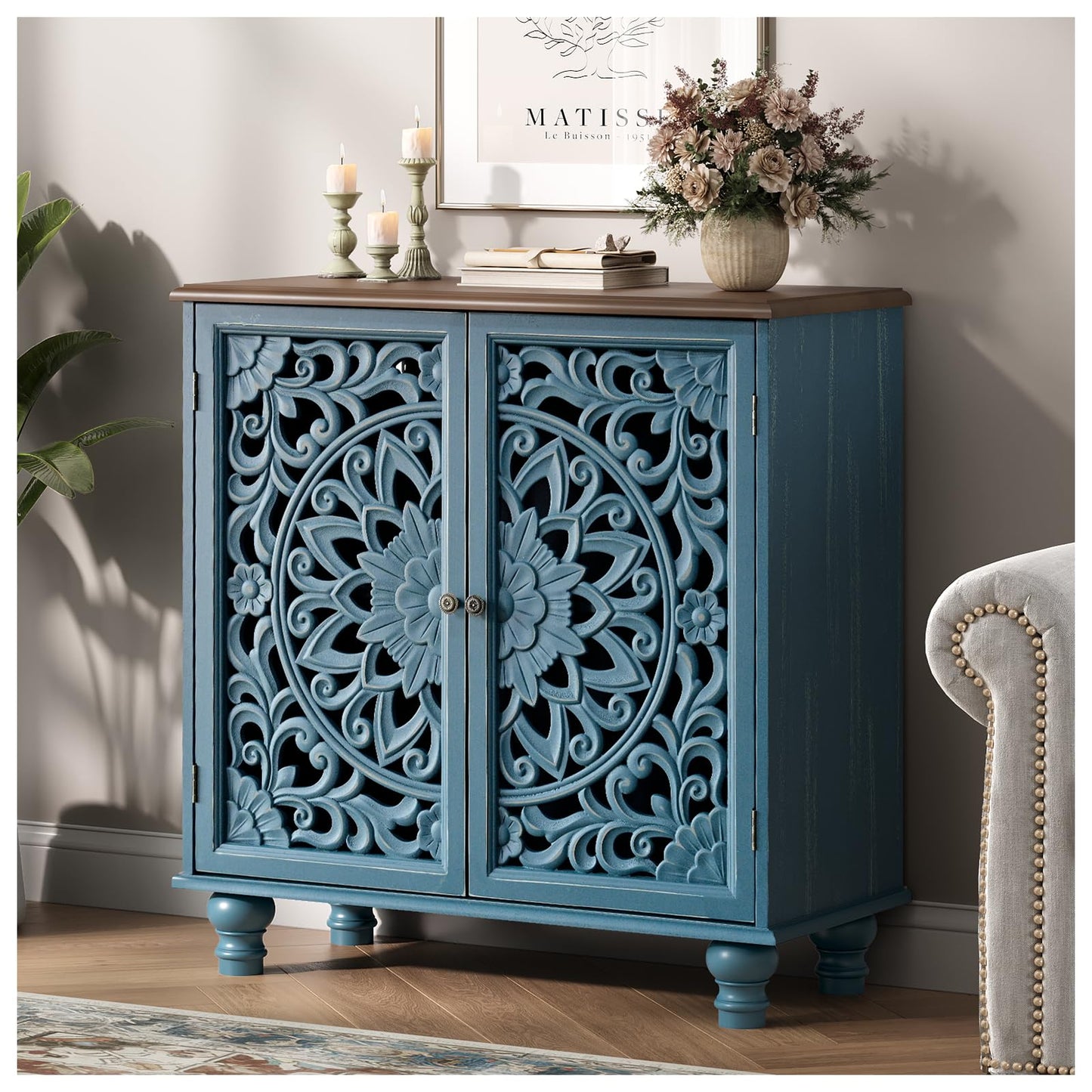 Accent Cabinet with Carved Doors,Blue Buffet Cabinet with Storage