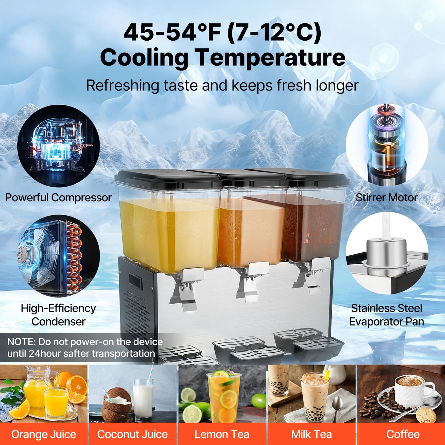 VEVOR Commercial Beverage Dispenser, 3 Tanks Juice Dispenser, 18 L / 19 QT Per Tank, 512W Stainless Steel Ice Tea Drink Machine with 45℉ to 54℉ Cooling Temp, for Cold Drink Restaurant Bar Party