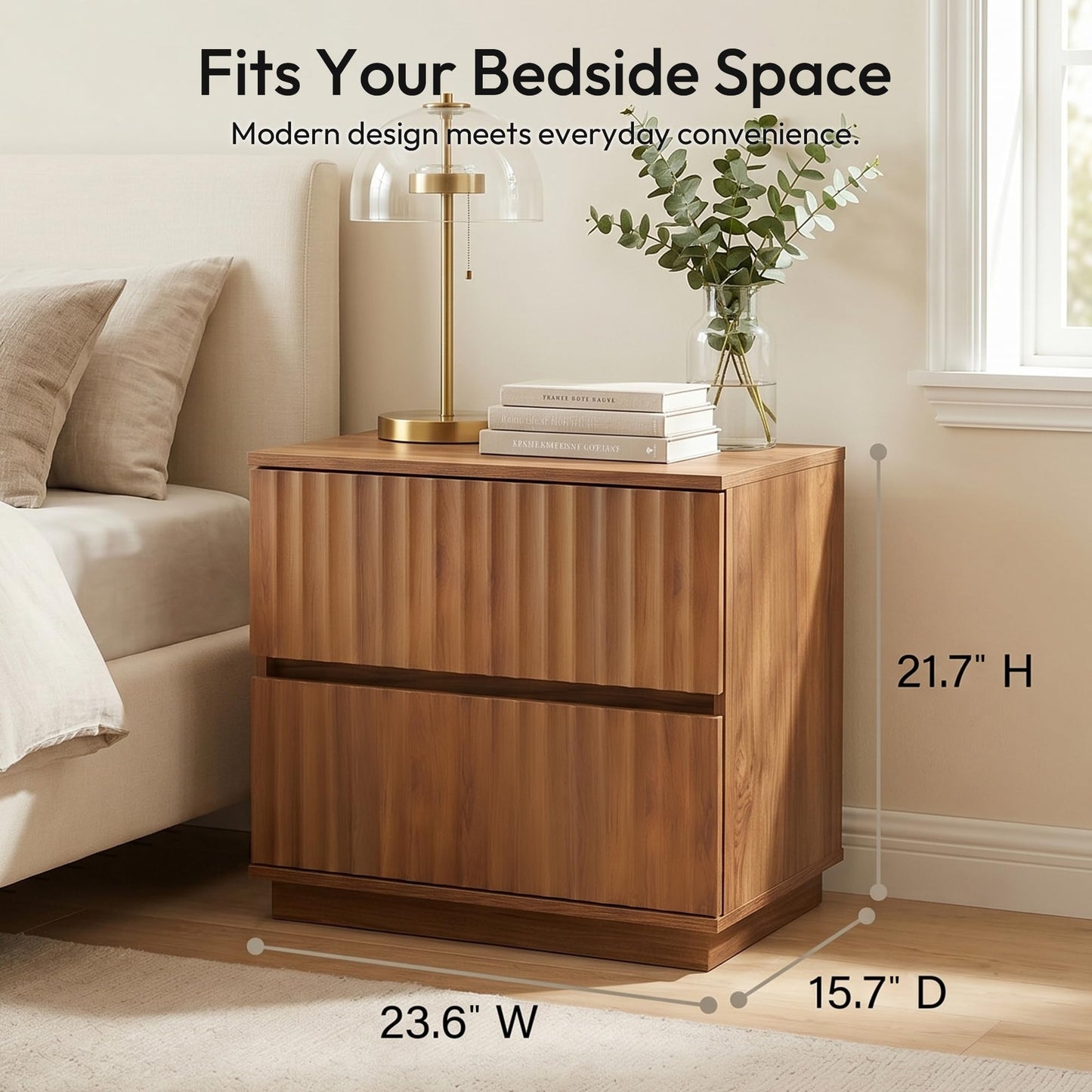 FurniXpress Fluted Nightstands Set of 2, 23.6" Wide Walnut Brown Mid-Century Modern Bedside Tables with 2 Drawers, Handleless Night Stand for Bedroom
