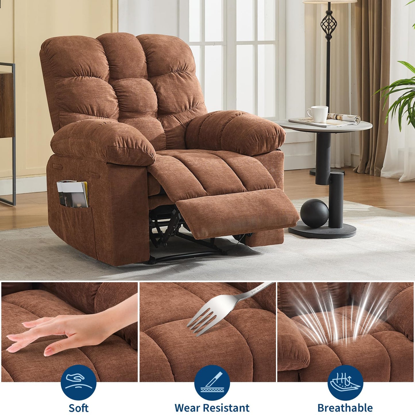 Garvee 21.4in Wide Recliner Chair,Massage & Heat Recliner Chair for Adults,Home Theater Seating with Lumbar Support,Ergonomic Breathable Fabric Nursery Rocking Chairs for Living Room
