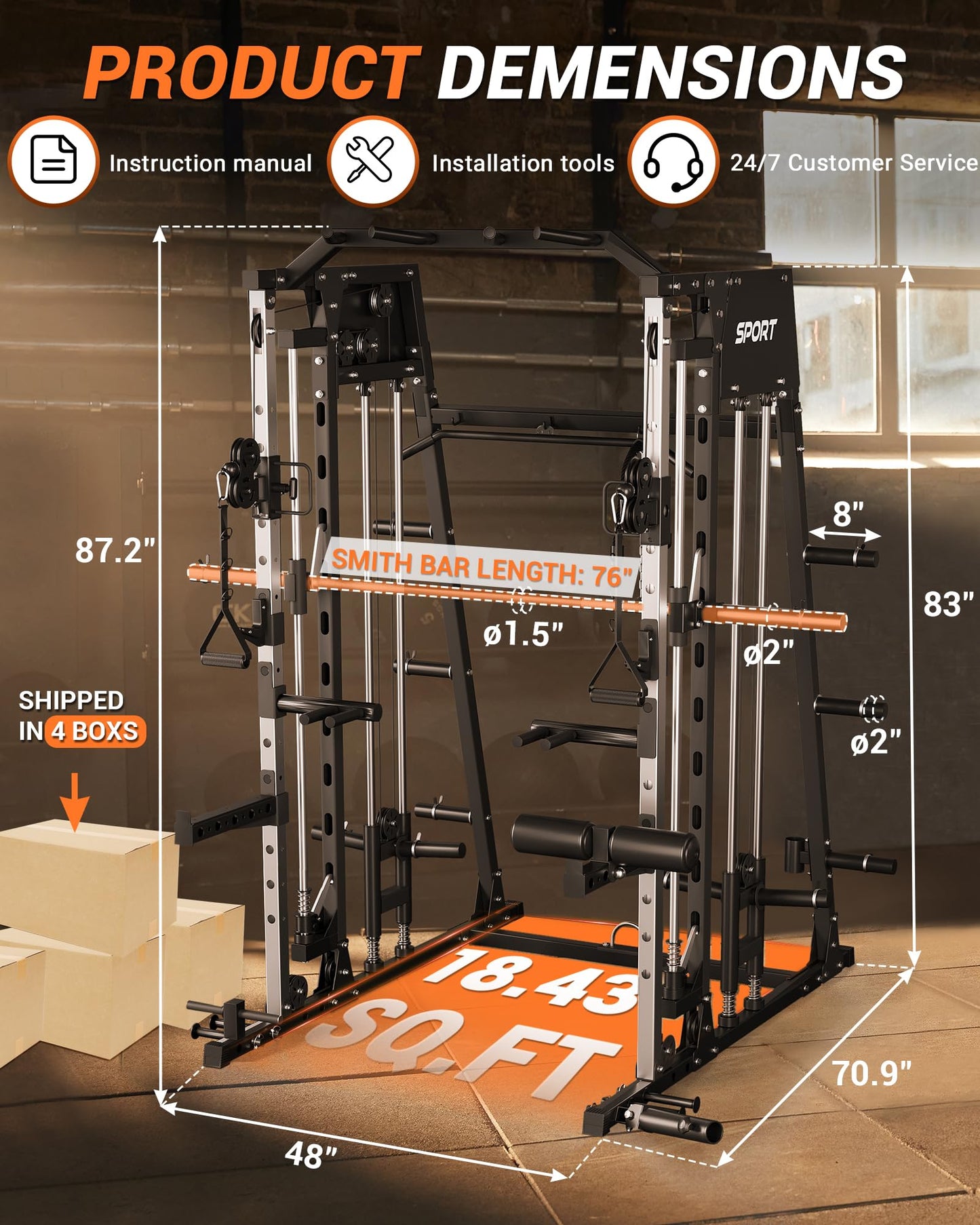 Multifunctional Smith Machine Home Gym 2200LBS Squat Rack Power Cage with LAT Pulldown, Cable Crossover System, Smith Bar, Leg Attachments, Workout Equipment