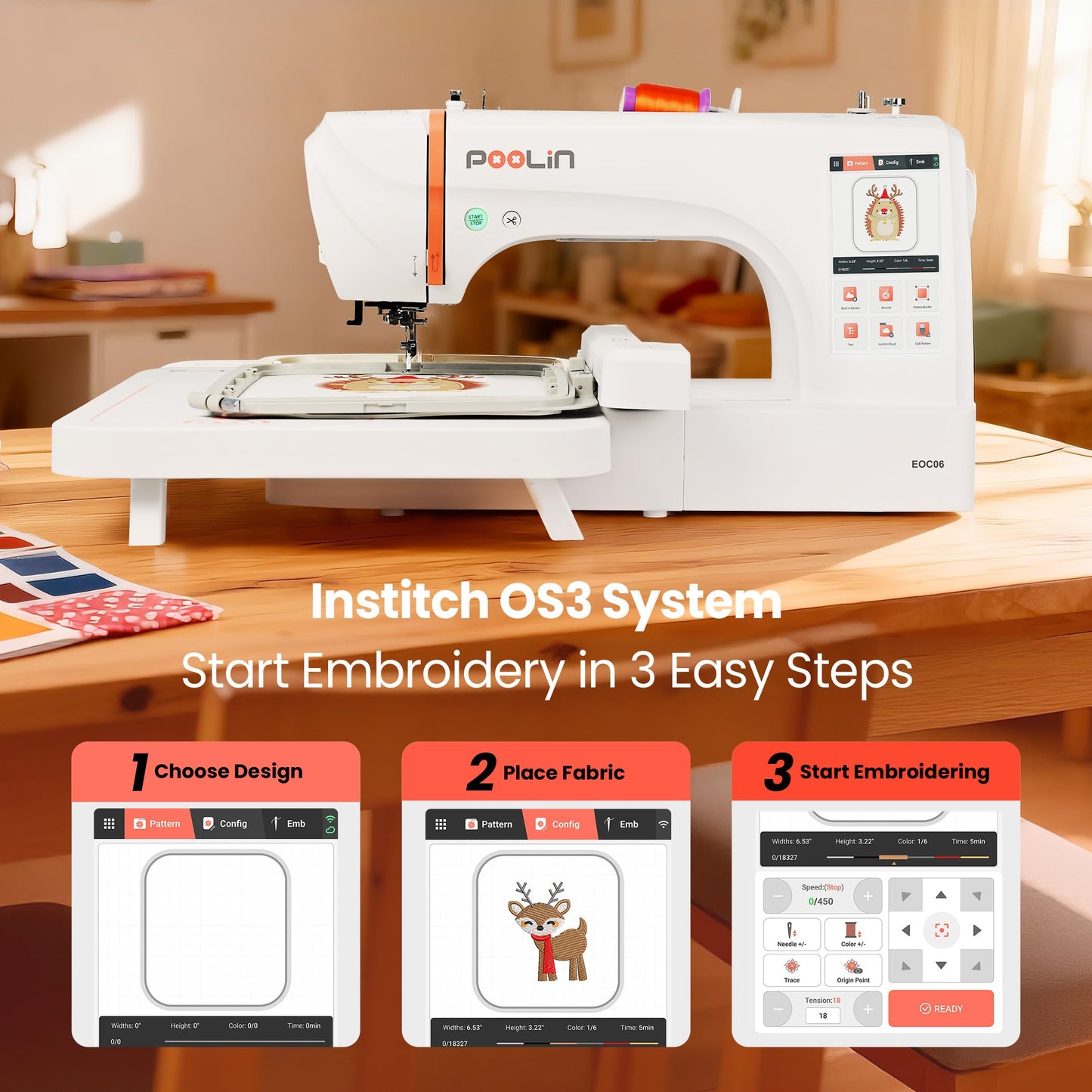 PooLin EOC06 Embroidery Machine,11"x7.9",7.9"x7.9",5.5"x5.5" Embroidery Area,Computerized Embroidery Machine for Beginners Gifts,7" Touchscreen,200 Built-in Designs,USB & Wireless