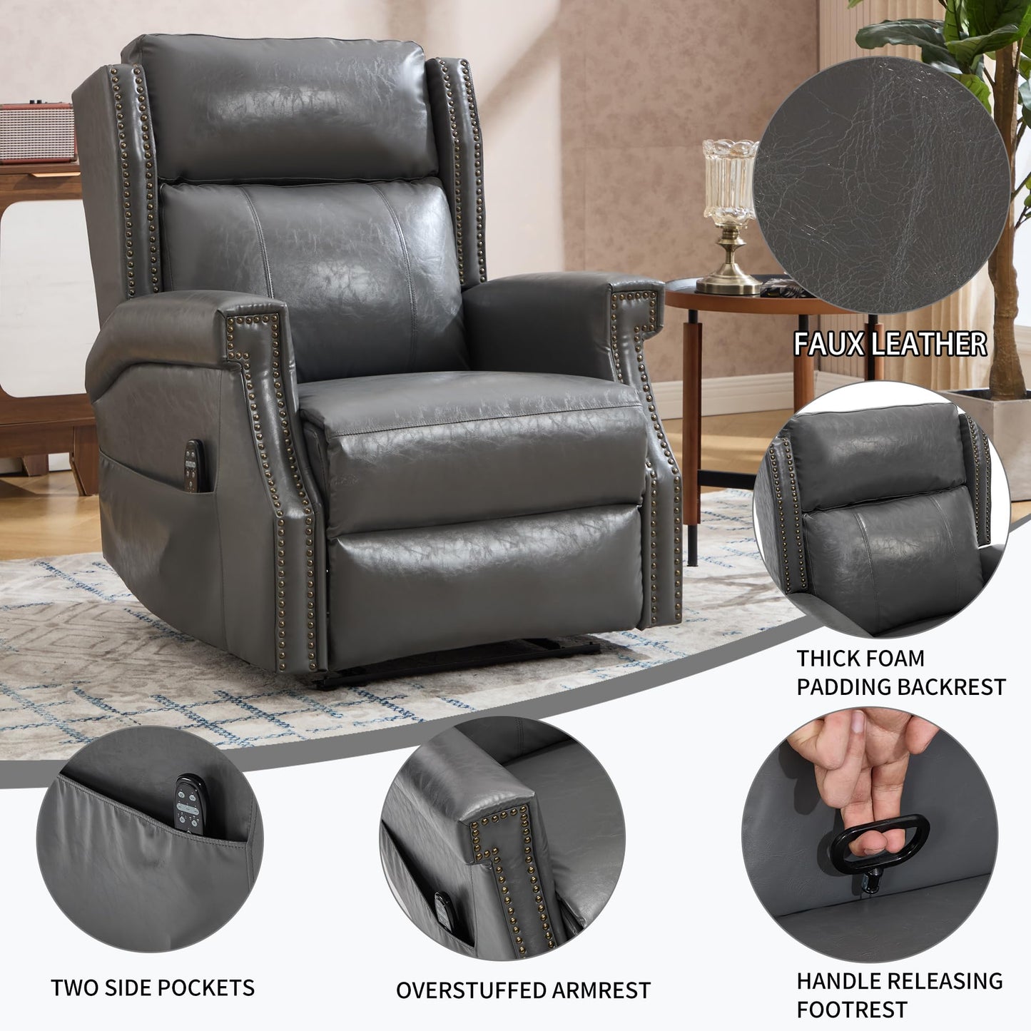 KEIKI Mid Century Modern Oversized Recliner Accent Chair for Adults, Manual Leather Recliner Chair with Back Massager and Heating for Living Room, Comfy Rocking Chairs for Small Spaces, Grey