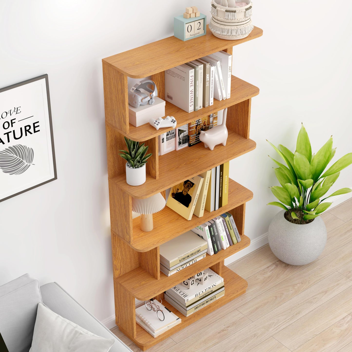 GDFStudio 65" H 6-Tier Bookshelf, Modern Freestanding Bookcase Shelves Organizer, Wood Book Shelf with Anti-Drop Panels, Open Back Display Storage Shelf Unit for Living Room Bedroom Office, Dark Oak
