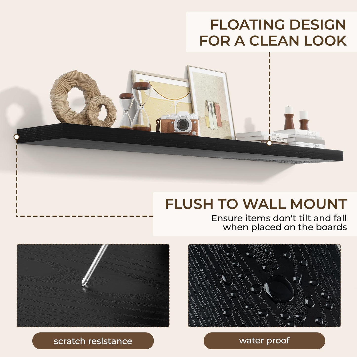 RICHFOCUS 72Inch Floating Shelves for Wall 2 Pack Shelves for Bedroom|Kitchen|Bathroom Wall Mounted Rustic Wood Floating Shelf with Invisible Brackets for Books|Storage|Decor, Black
