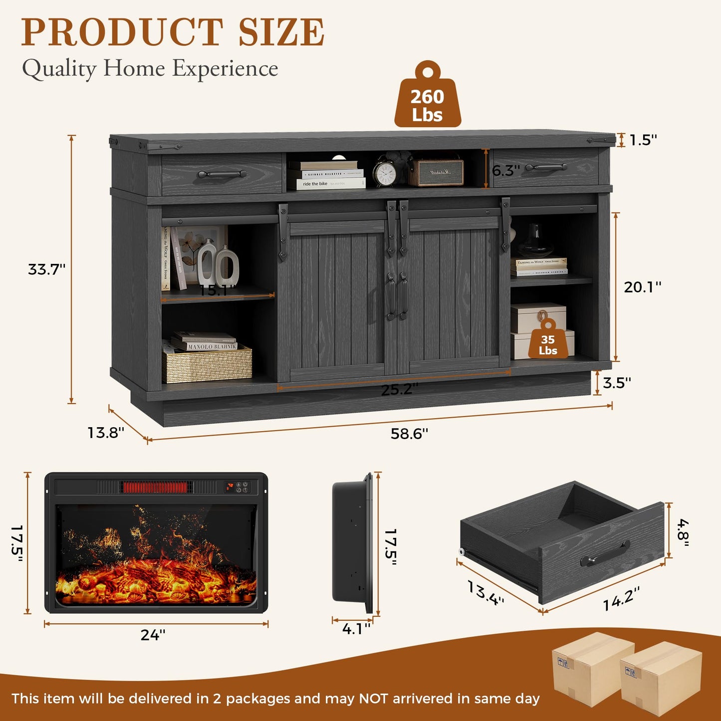 Jocoevol Fireplace TV Stand for TVs up to 65", Electric Fireplace with 3D Flame, Farmhouse LED Light Entertainment Center TV Console with with 2 Drawers, Sliding Barn Door for Living Room - Black