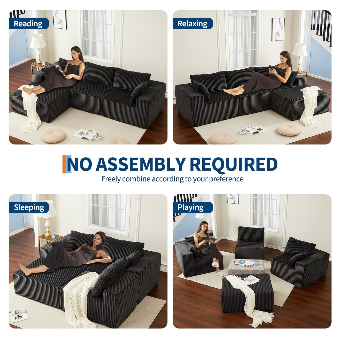 108" Modular Sectional Sofa Couches for Living Room Cloud Memory Boneless Couch No Assembly Required