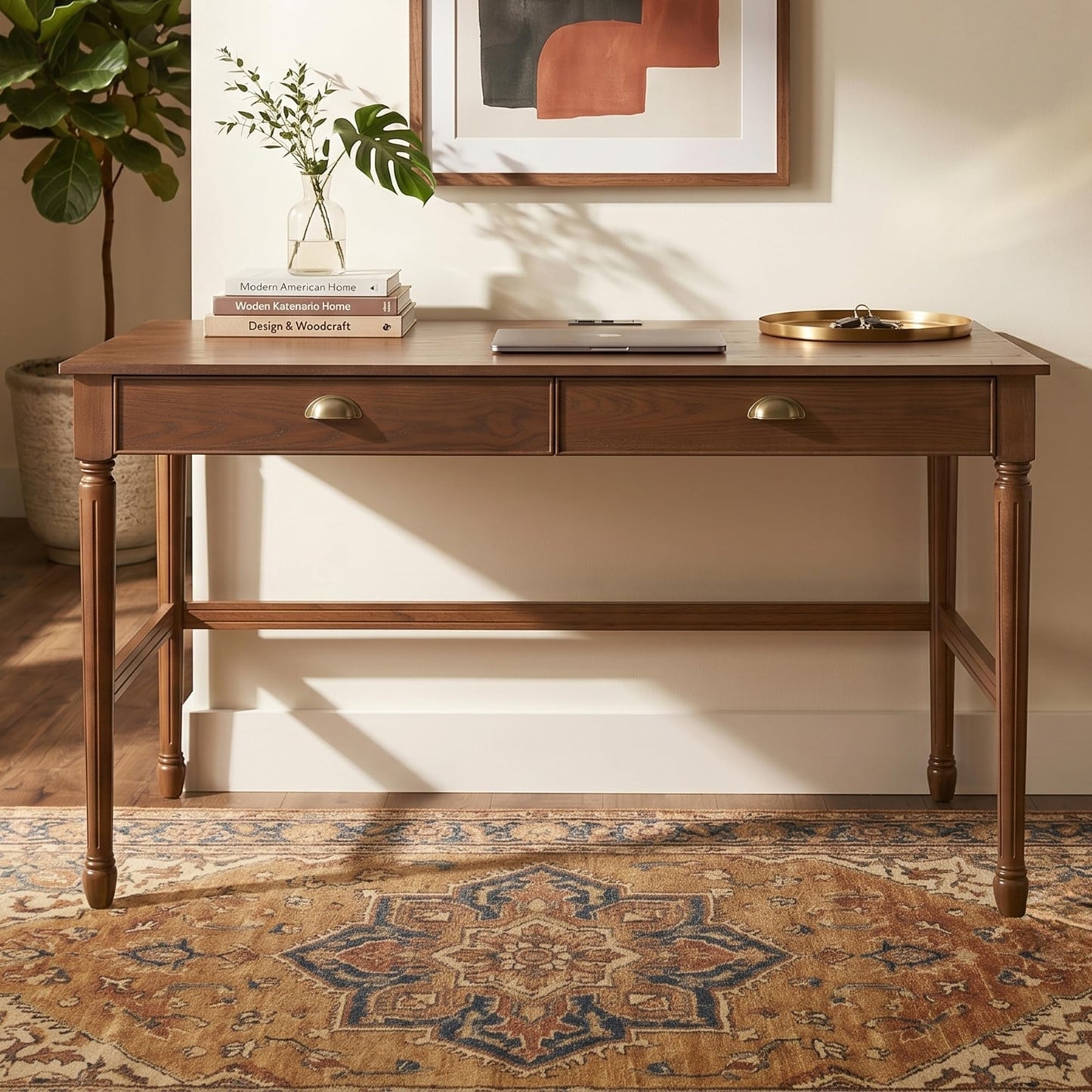 Merax 60" Home Office Desk with Power Outlets & USB, Writing Desk with 2 Drawers & Solid Rubber Wood Legs, Modern Workstation for Living Room, Bedroom & Study, Walnut