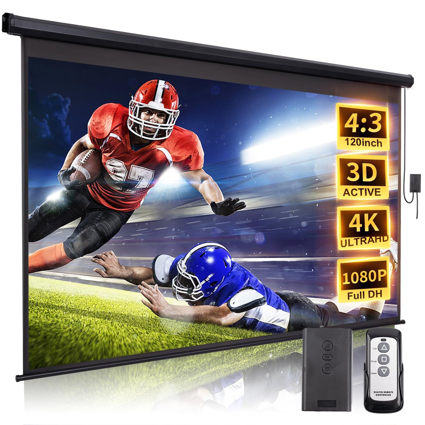 120 Inch Projector Screen Motorized 4:3 HD Electric Rising Projector Screen Pull Down with Remote, Black Automatic Projection Screens Retractable Wall Mount Ceiling Movie Screens Outdoor Indoor