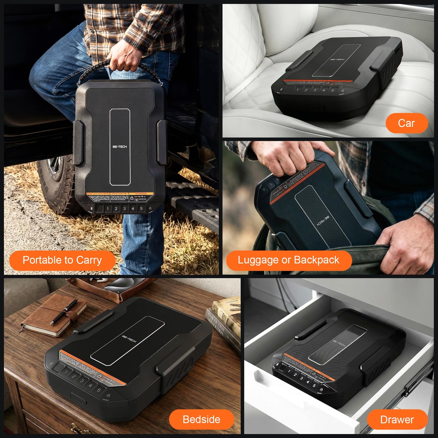 BE-TECH Portable Full-Size Biometric Gun Safe for Handgun,Weatherproof Quick Access Pistol Safe with Fingerprint Keypad,Handgun Case Lock Box with Steel Cable & Pluck Foam for Car, Nightstand,Travel