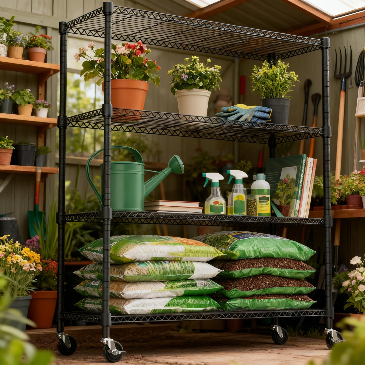M MZG 1400LBS 47.2" W 4 Tiers Storage Shelves Metal Shelving Unit with Wheels Heavy Duty Garage Shelving Adjustable Wire Shelves for Pantry,Kitchen,Garage,Basement,Black 17.7" D x 47.2" W x 62.7" H
