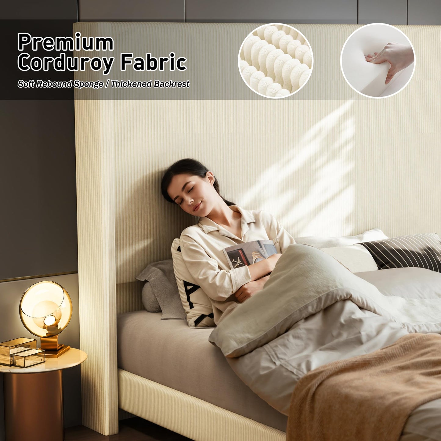 lividido Queen Size 65.2" Tall Upholstered Bed Frame with USB Charging Station,Soft Washable Corduroy Cover with Wingback Headboard, Solid Wood Legs/Noise-Free/No Box Spring Needed/Beige