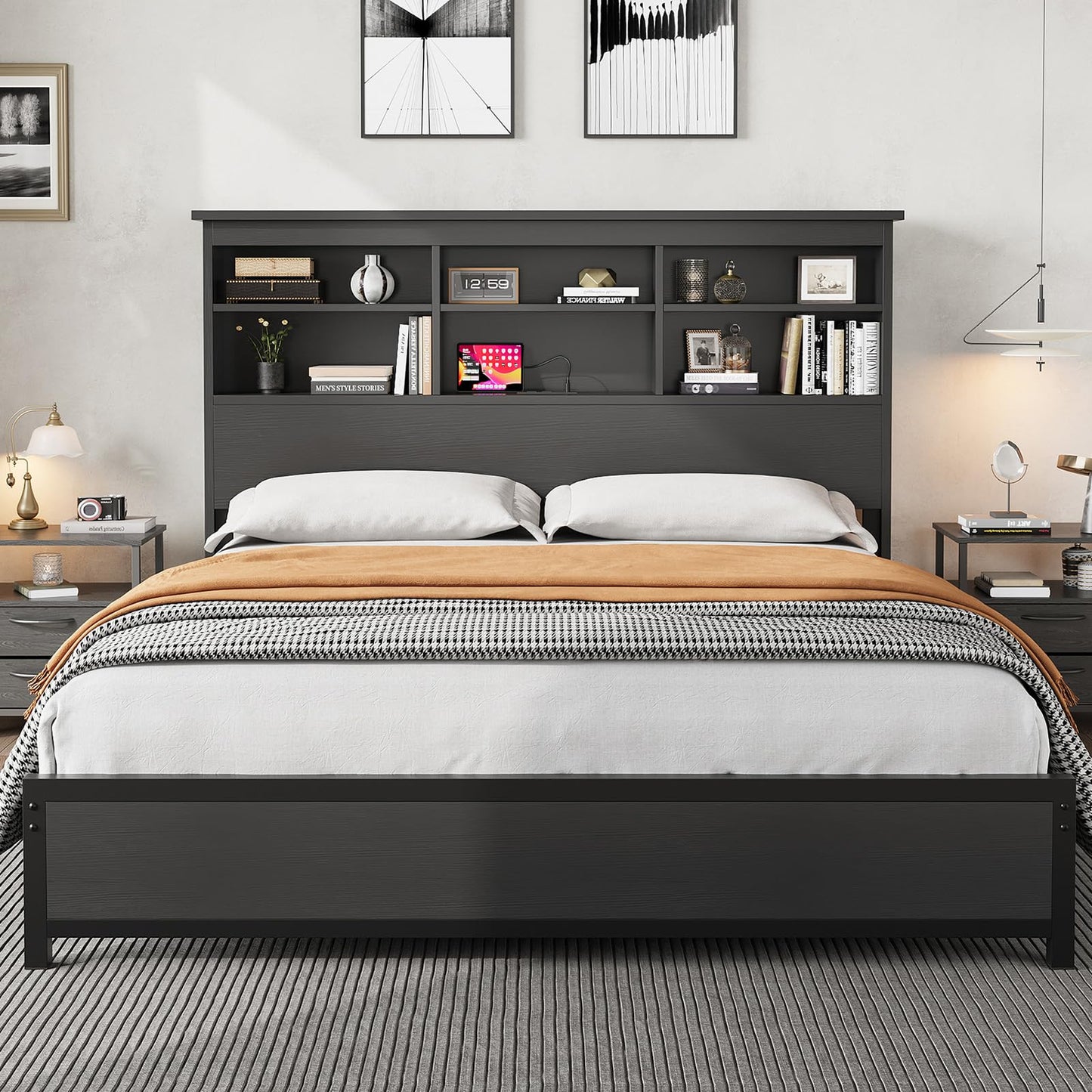 GarveeHome Queen Size Bed Frame with Bookcase Headboard, 2-Tier Storage Queen Platform Bed with Charging Station, No Box Spring Needed Easy Assemble Black Mattress Foundation for Bedroom