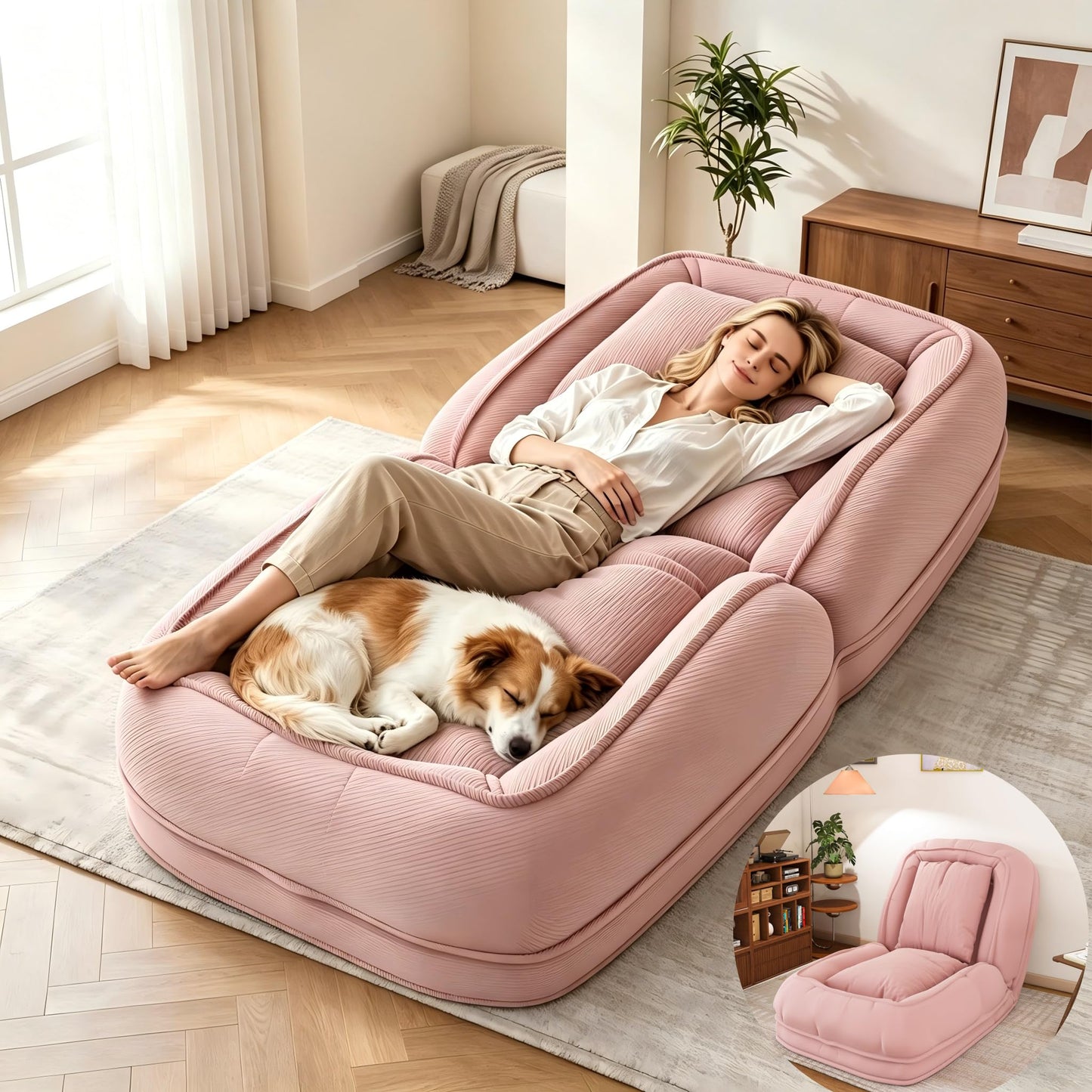 KEIKI 71" Human Dog Bed for Adults, Giant Plush Floor Sofa Bed with 5 Adjustable Positions & 2 Pillows, Foldable Faux Fur/Corduroy Lounge Bed for Relaxing, Gaming, Napping, Living Room Bedroom, Pink