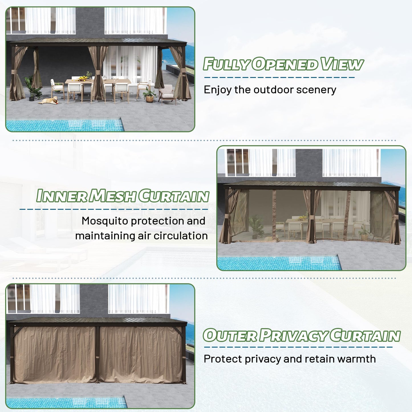 Domi 12x16FT Wall Mounted Gazebo Aluminum Frame, Lean to Gazebo Hardtop with Galvanized Steel Sloping Roof, Curtains and Netting for Patio Deck Backyard Lawn Party