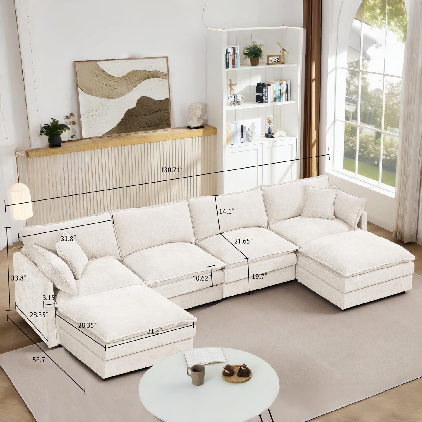 Eafurn 130.71" Oversized Reversible Modular Sectional Sofa Couch with 2 Ottomans - Deep Seat Chenille Modern U Shaped Sofa with Thickness Cushions and Pillows for Living Room, Bedroom